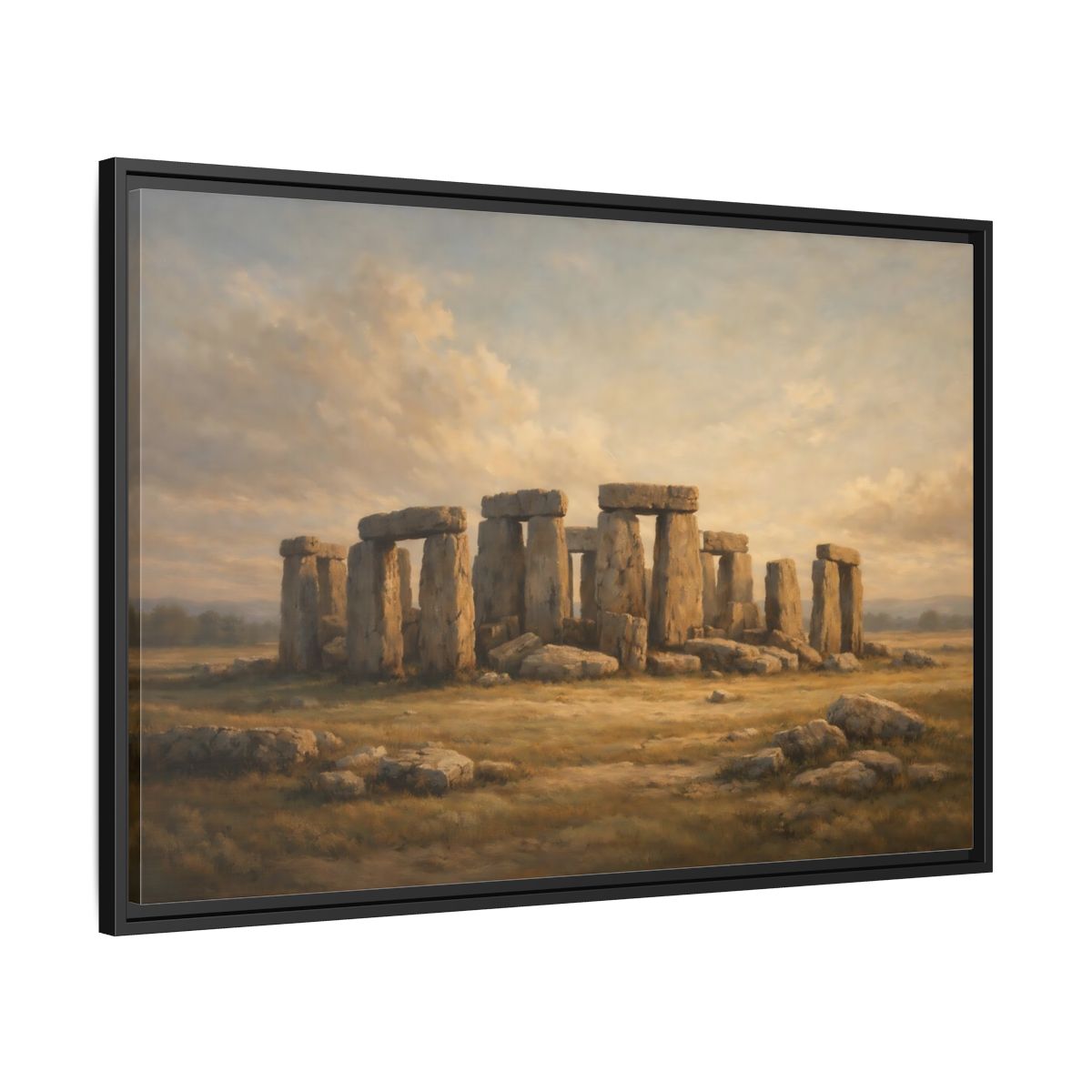 Side Mockup 13. Nature Stonehenge Brown And Gold Landscape shown as stretched canvas wall art