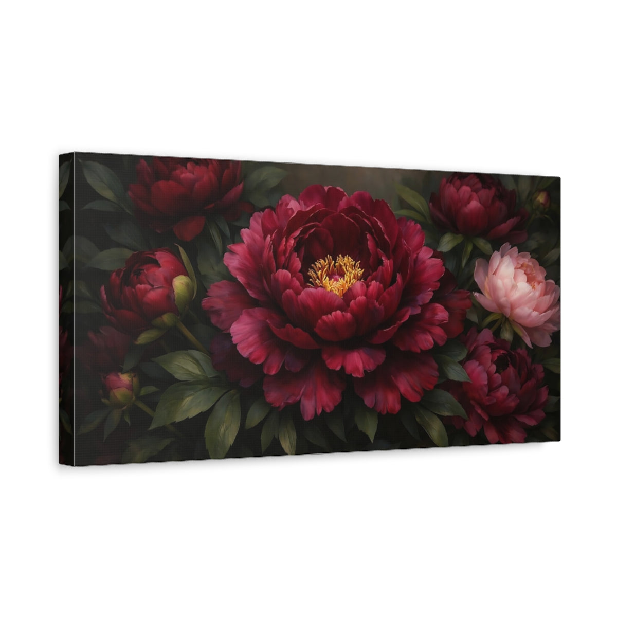 Side Mockup 3. Floral Peonies Burgundy Peonies shown as stretched canvas wall art