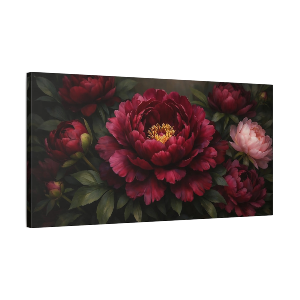Side Mockup 2. Floral Peonies Burgundy Peonies shown as stretched canvas wall art