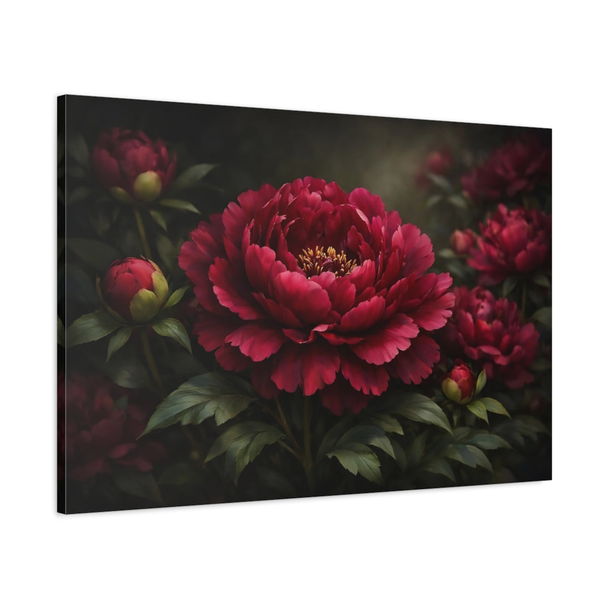 Side Mockup 1. Floral Peony Flower Deep Red Floral shown as stretched canvas wall art