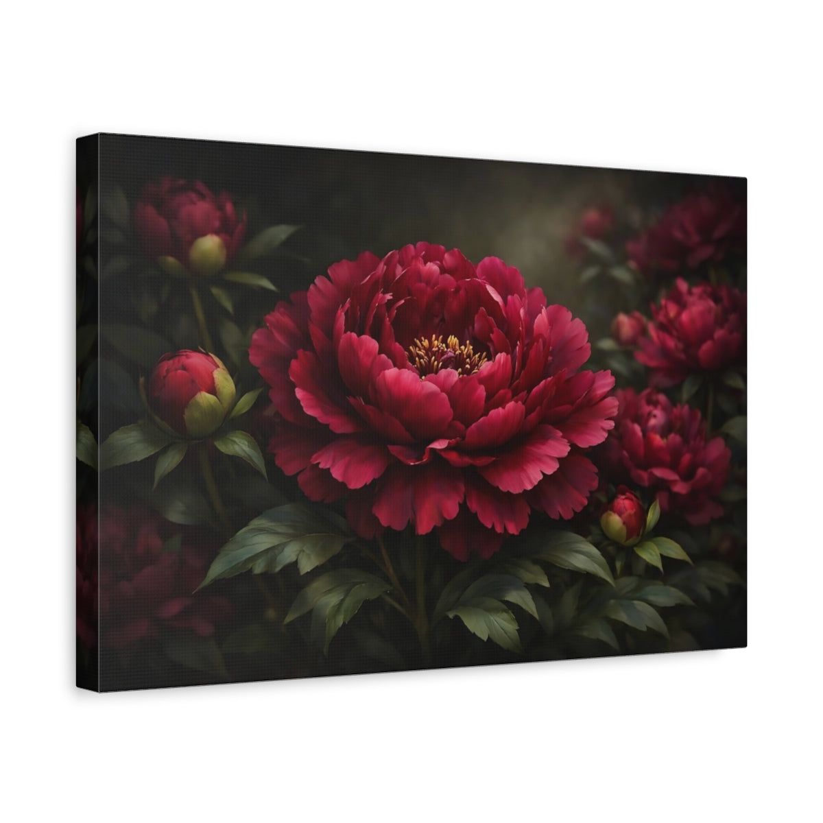 Side Mockup 4. Floral Peony Flower Deep Red Floral shown as stretched canvas wall art