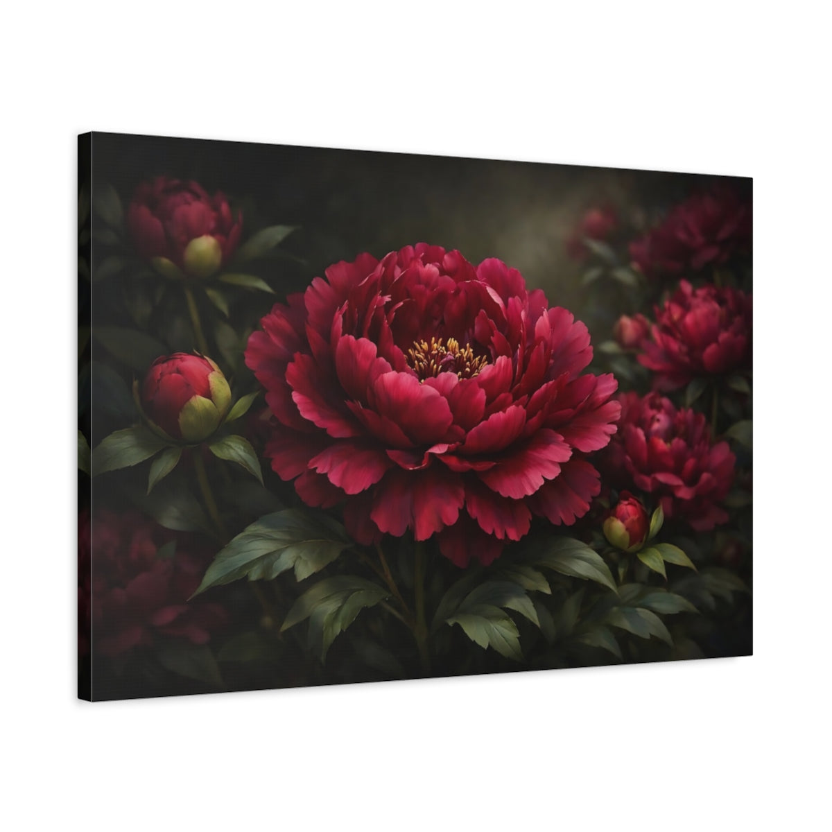 Side Mockup 2. Floral Peony Flower Deep Red Floral shown as stretched canvas wall art