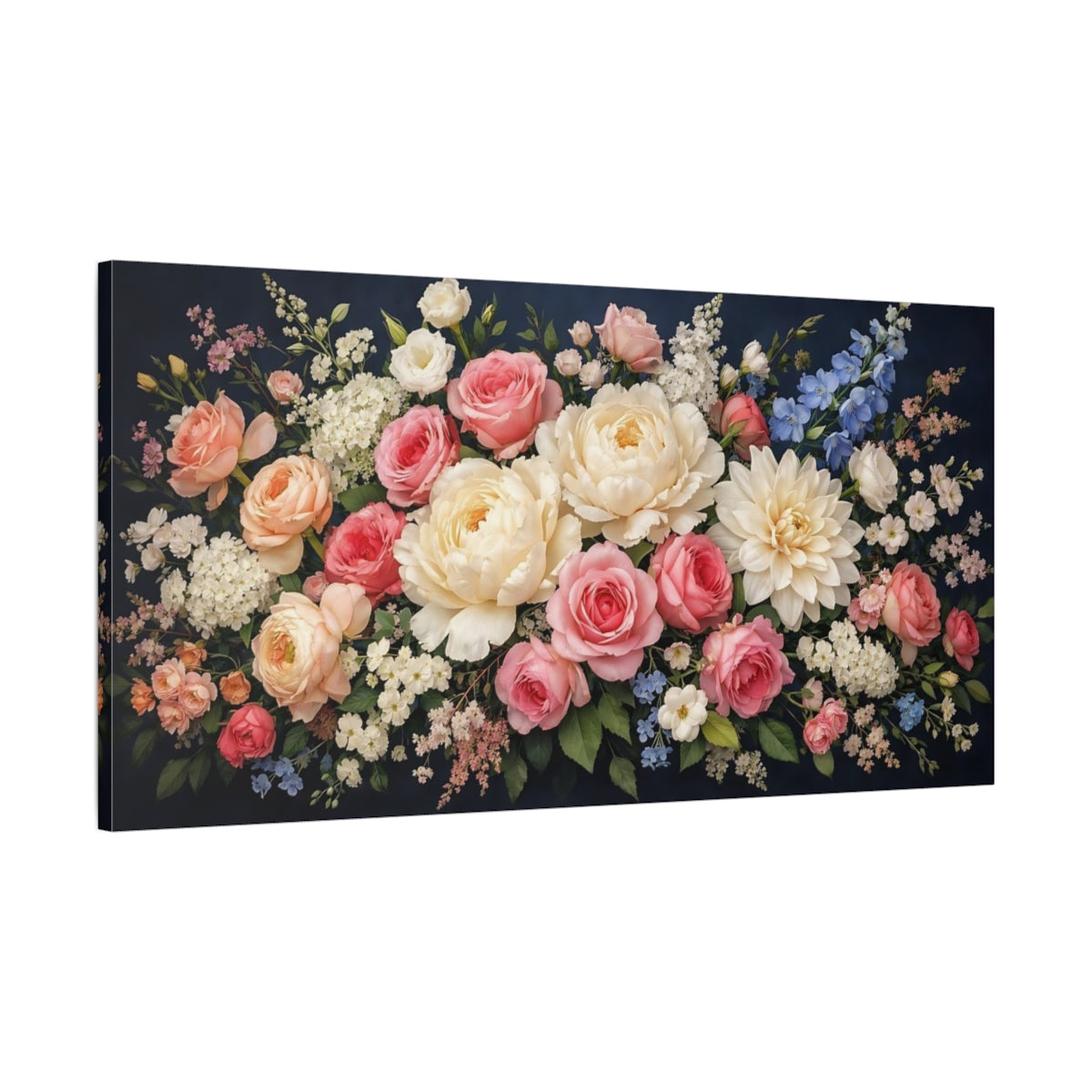 Side Mockup 1. Floral Mixed Flowers Pink White Floral shown as stretched canvas wall art