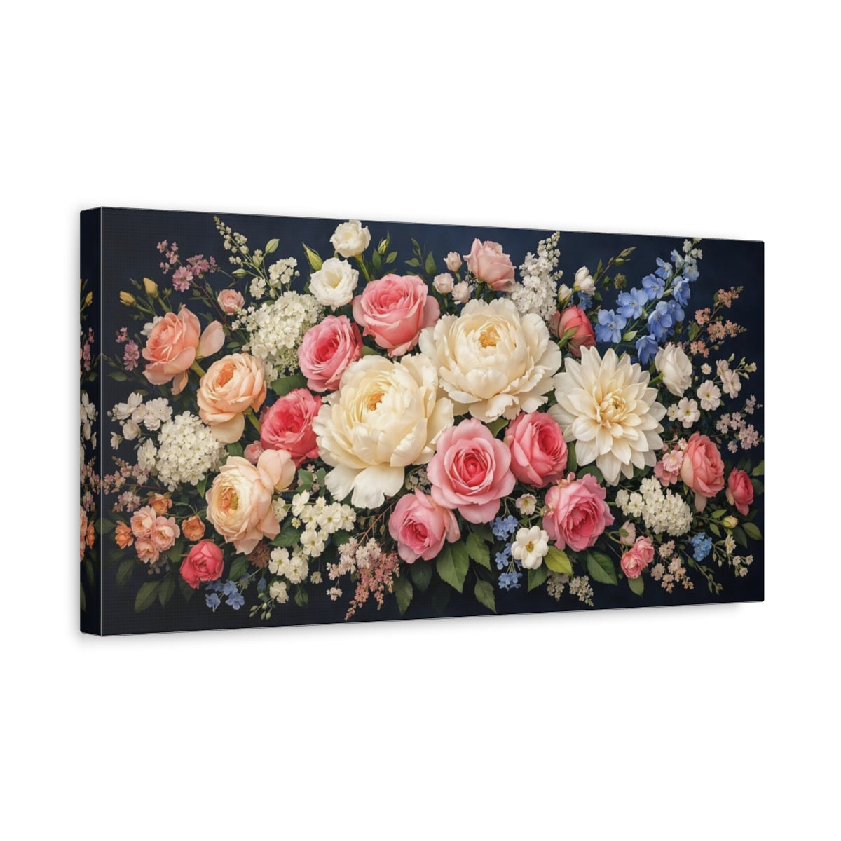 Side Mockup 3. Floral Mixed Flowers Pink White Floral shown as stretched canvas wall art