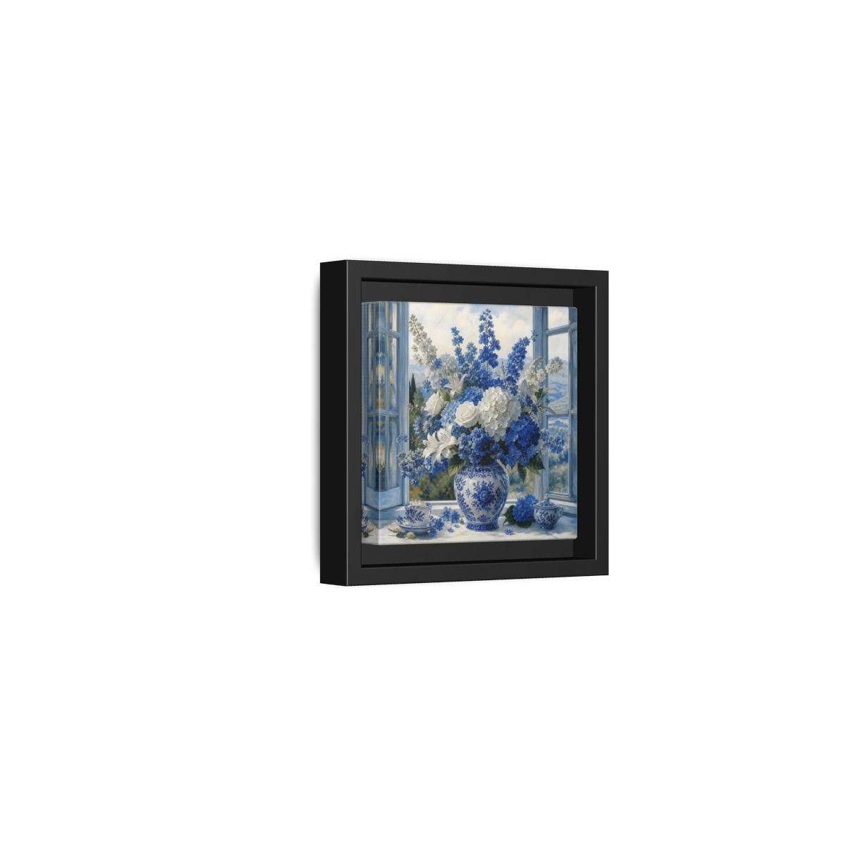 Side Mockup 24. Classic European Painting Blue And White Garden Bouquet shown as stretched canvas wall art