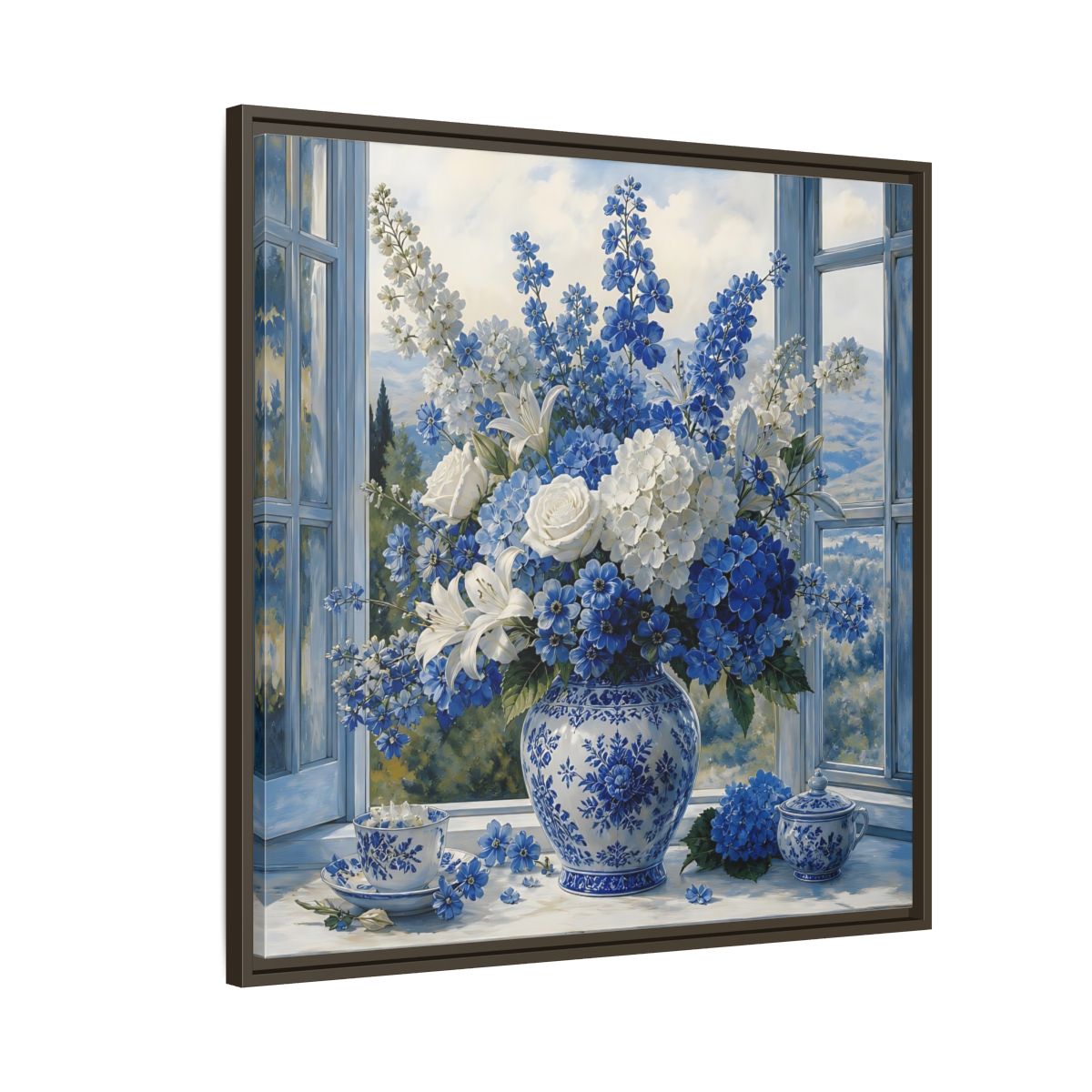Side Mockup 8. Classic European Painting Blue And White Garden Bouquet shown as stretched canvas wall art