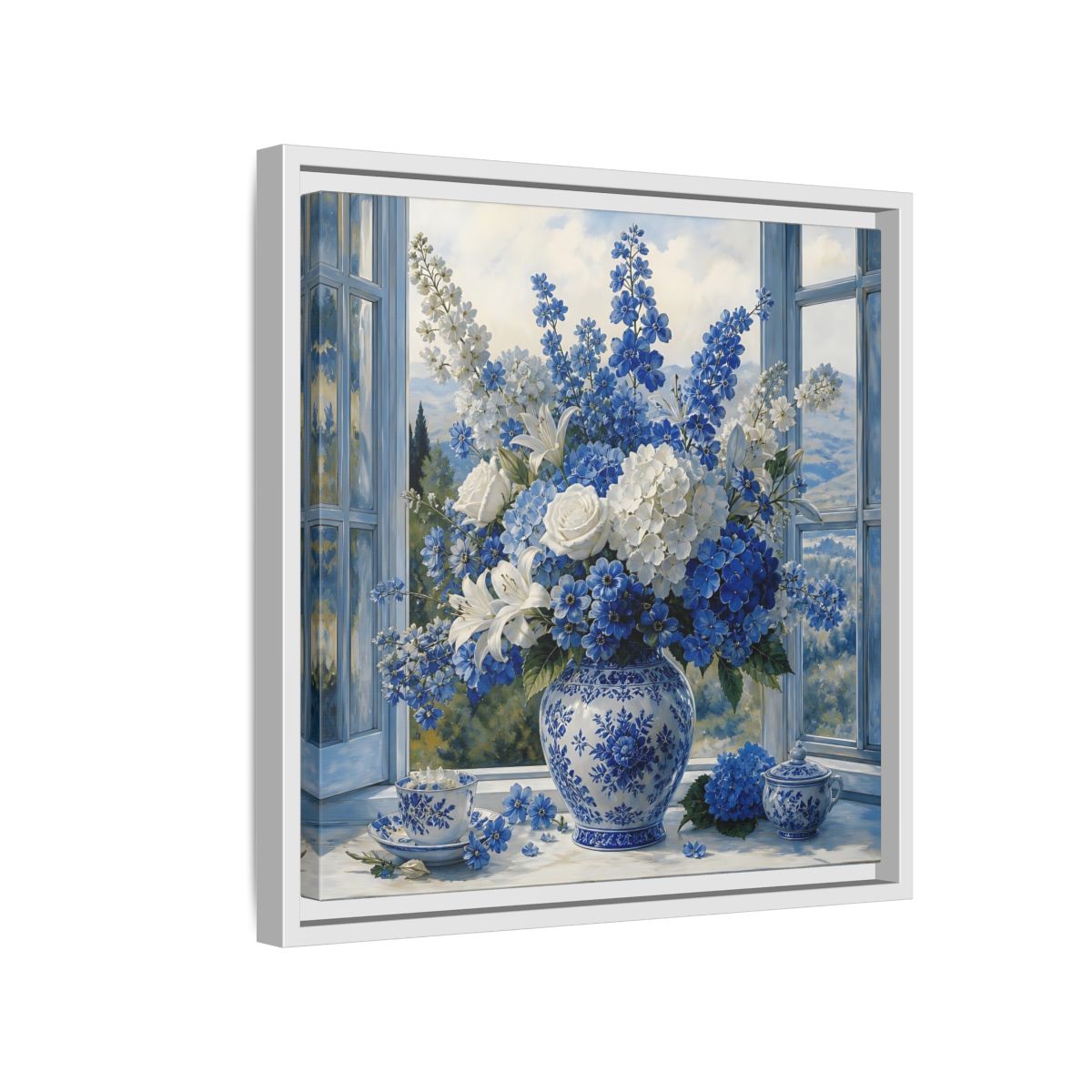 Side Mockup 13. Classic European Painting Blue And White Garden Bouquet shown as stretched canvas wall art