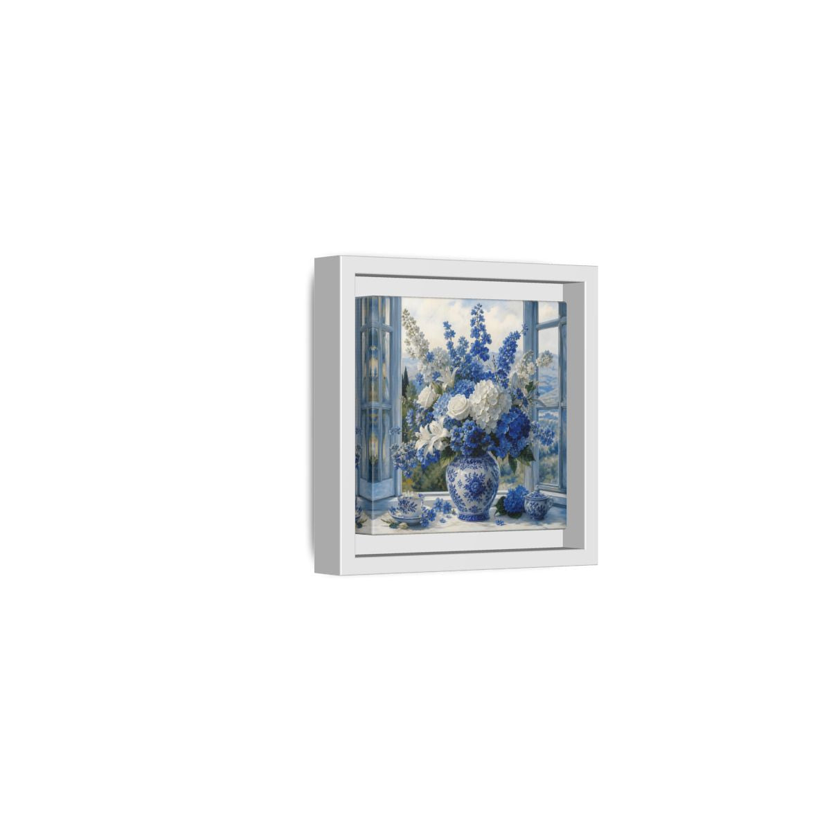 Side Mockup 22. Classic European Painting Blue And White Garden Bouquet shown as stretched canvas wall art