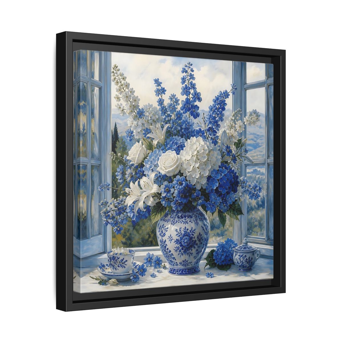 Side Mockup 32. Classic European Painting Blue And White Garden Bouquet shown as stretched canvas wall art