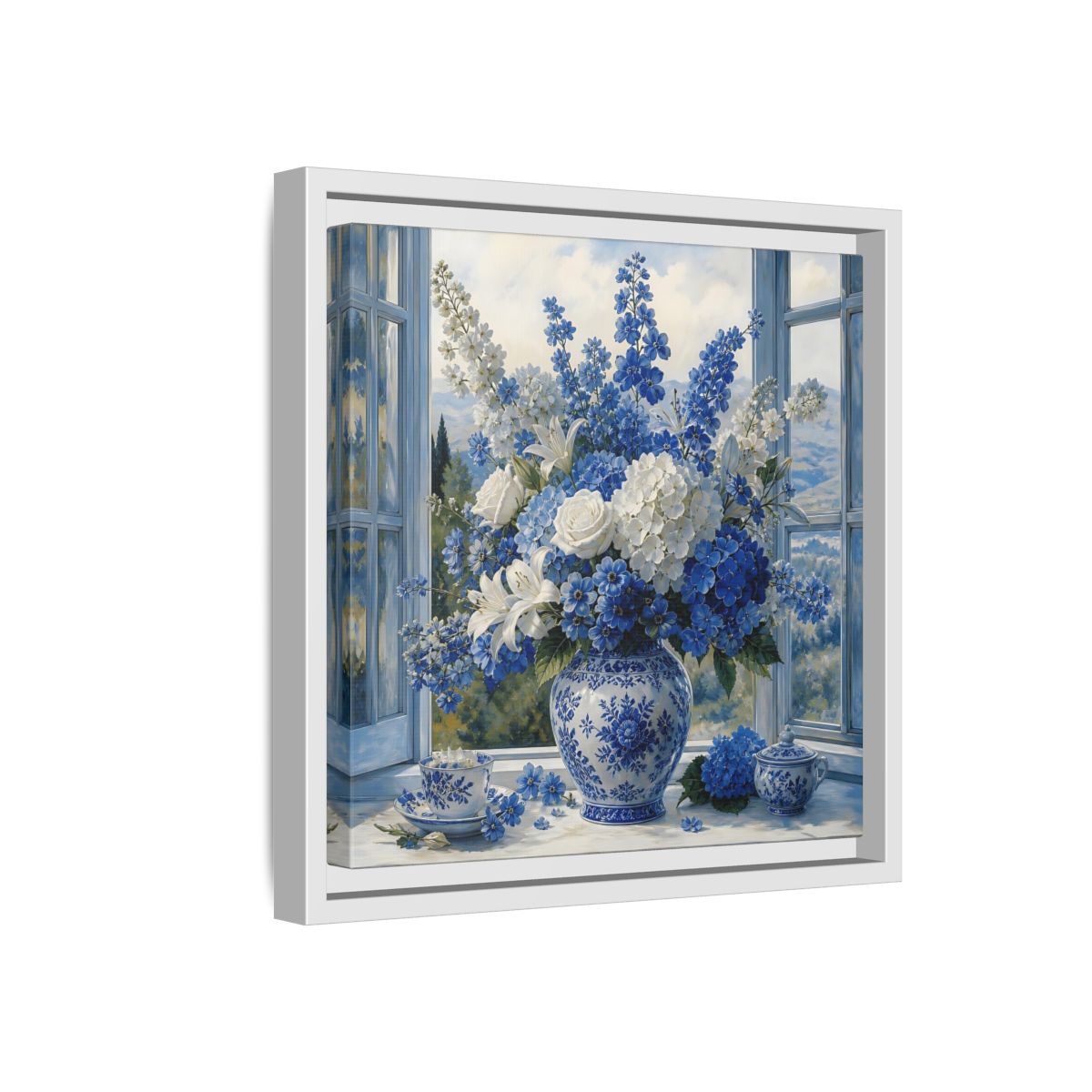 Side Mockup 16. Classic European Painting Blue And White Garden Bouquet shown as stretched canvas wall art