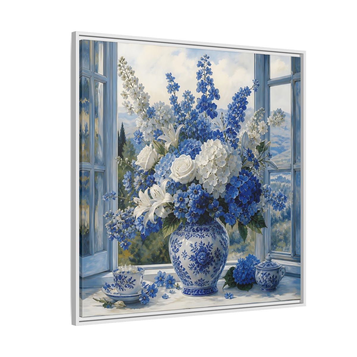 Side Mockup 4. Classic European Painting Blue And White Garden Bouquet shown as stretched canvas wall art