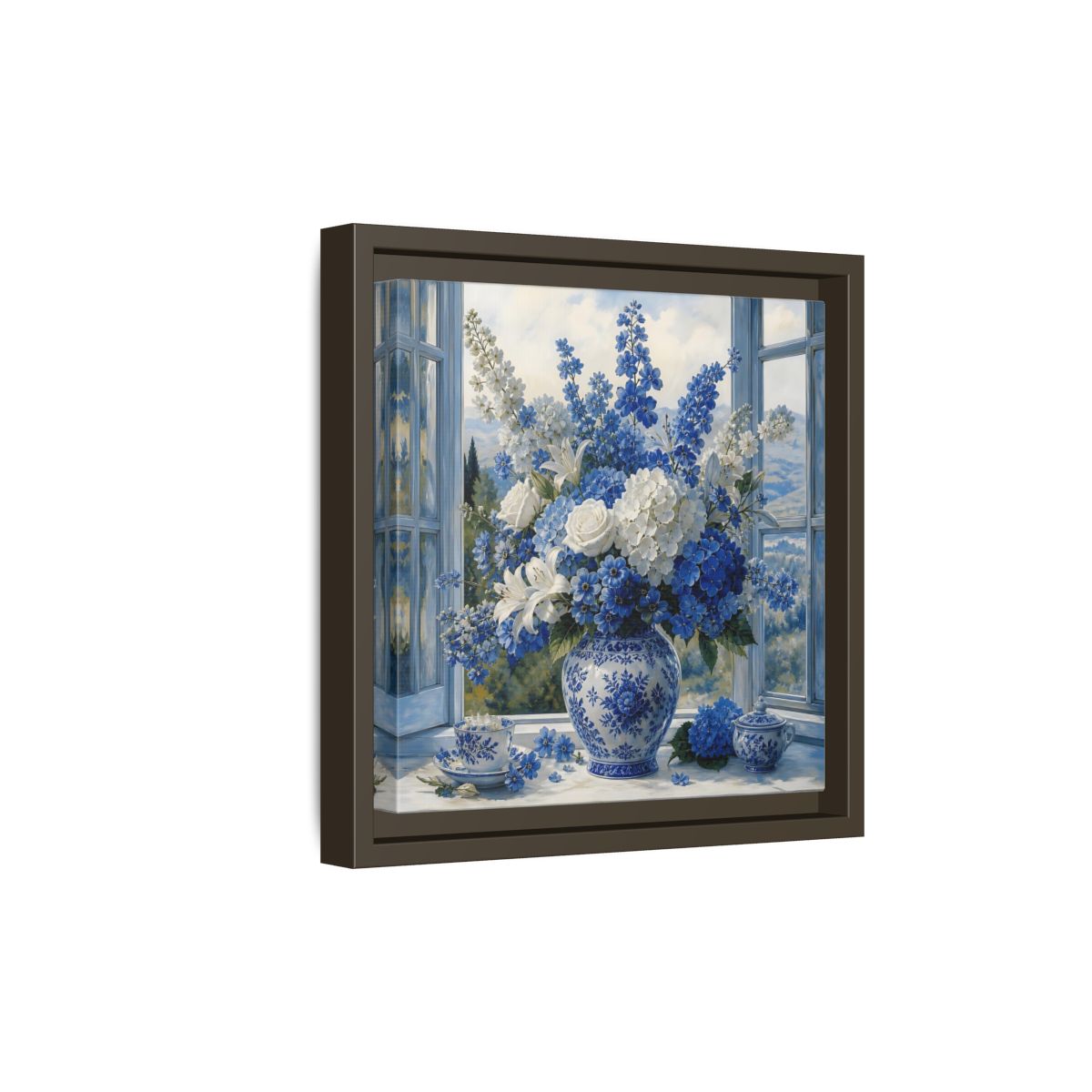 Side Mockup 20. Classic European Painting Blue And White Garden Bouquet shown as stretched canvas wall art