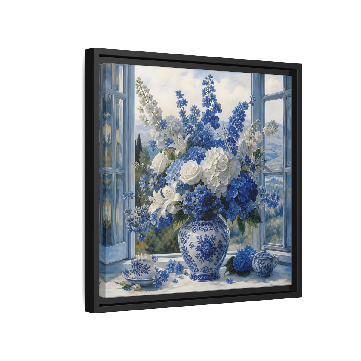Side Mockup 15. Classic European Painting Blue And White Garden Bouquet shown as stretched canvas wall art