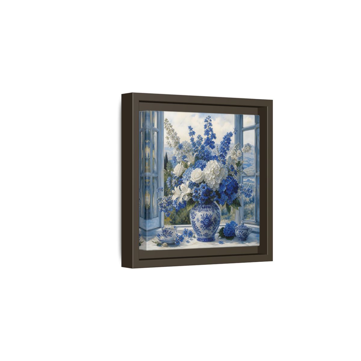Side Mockup 2. Classic European Painting Blue And White Garden Bouquet shown as stretched canvas wall art