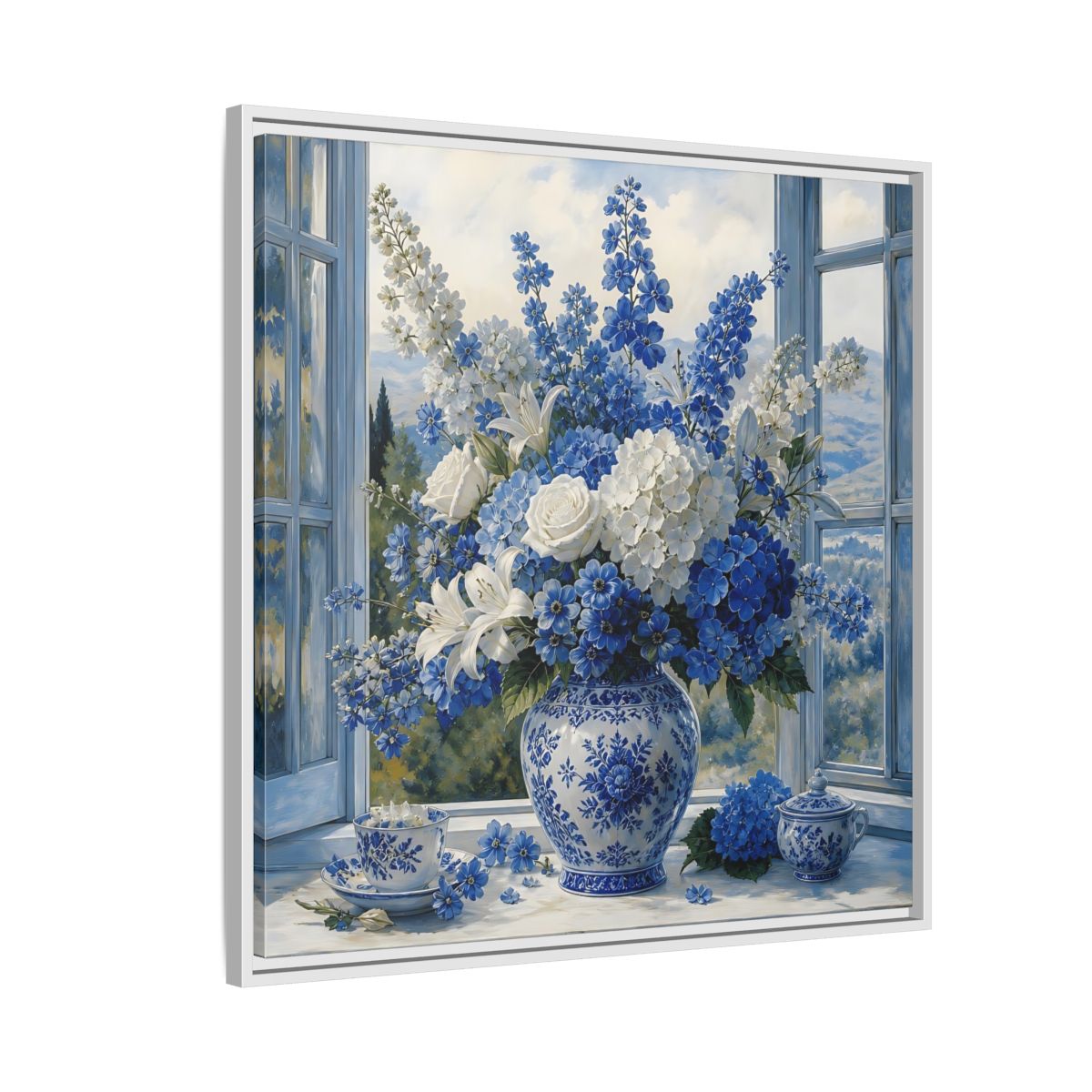 Side Mockup 7. Classic European Painting Blue And White Garden Bouquet shown as stretched canvas wall art