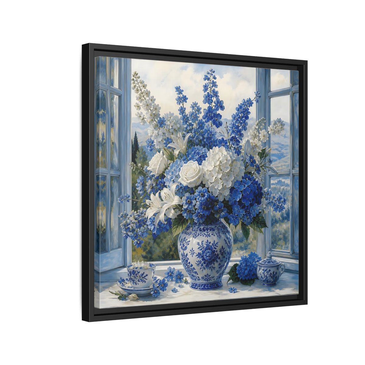 Side Mockup 12. Classic European Painting Blue And White Garden Bouquet shown as stretched canvas wall art