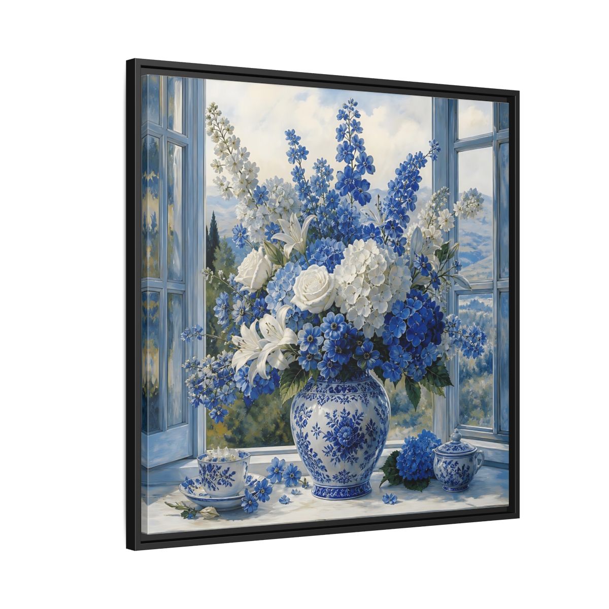 Side Mockup 9. Classic European Painting Blue And White Garden Bouquet shown as stretched canvas wall art