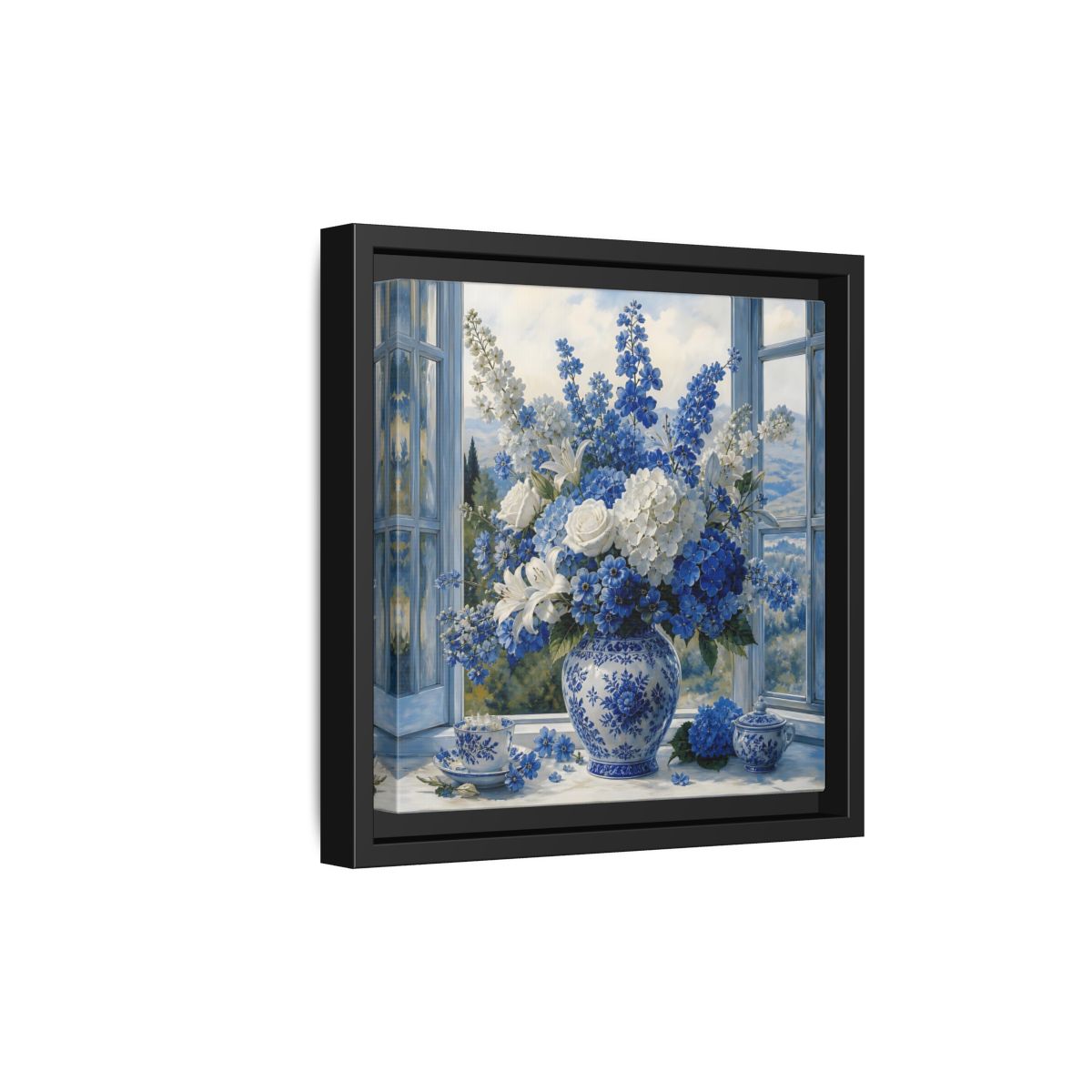 Side Mockup 21. Classic European Painting Blue And White Garden Bouquet shown as stretched canvas wall art