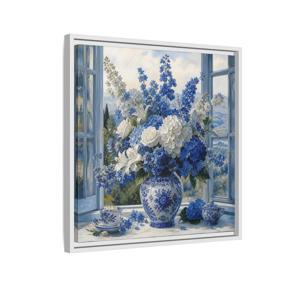 Side Mockup 10. Classic European Painting Blue And White Garden Bouquet shown as stretched canvas wall art