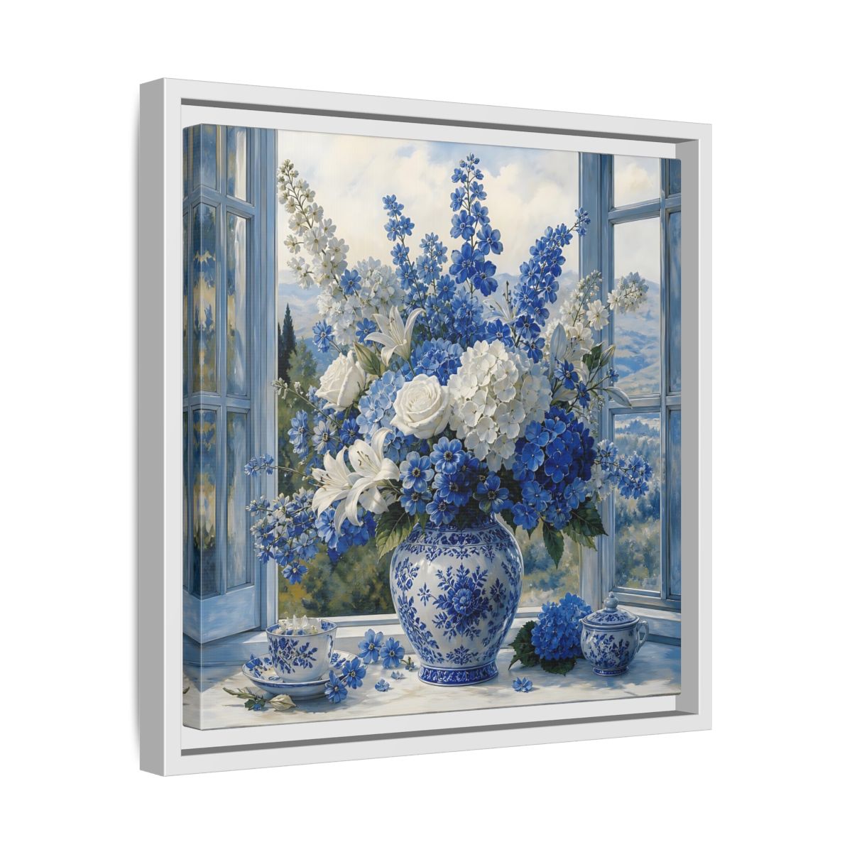 Side Mockup 28. Classic European Painting Blue And White Garden Bouquet shown as stretched canvas wall art