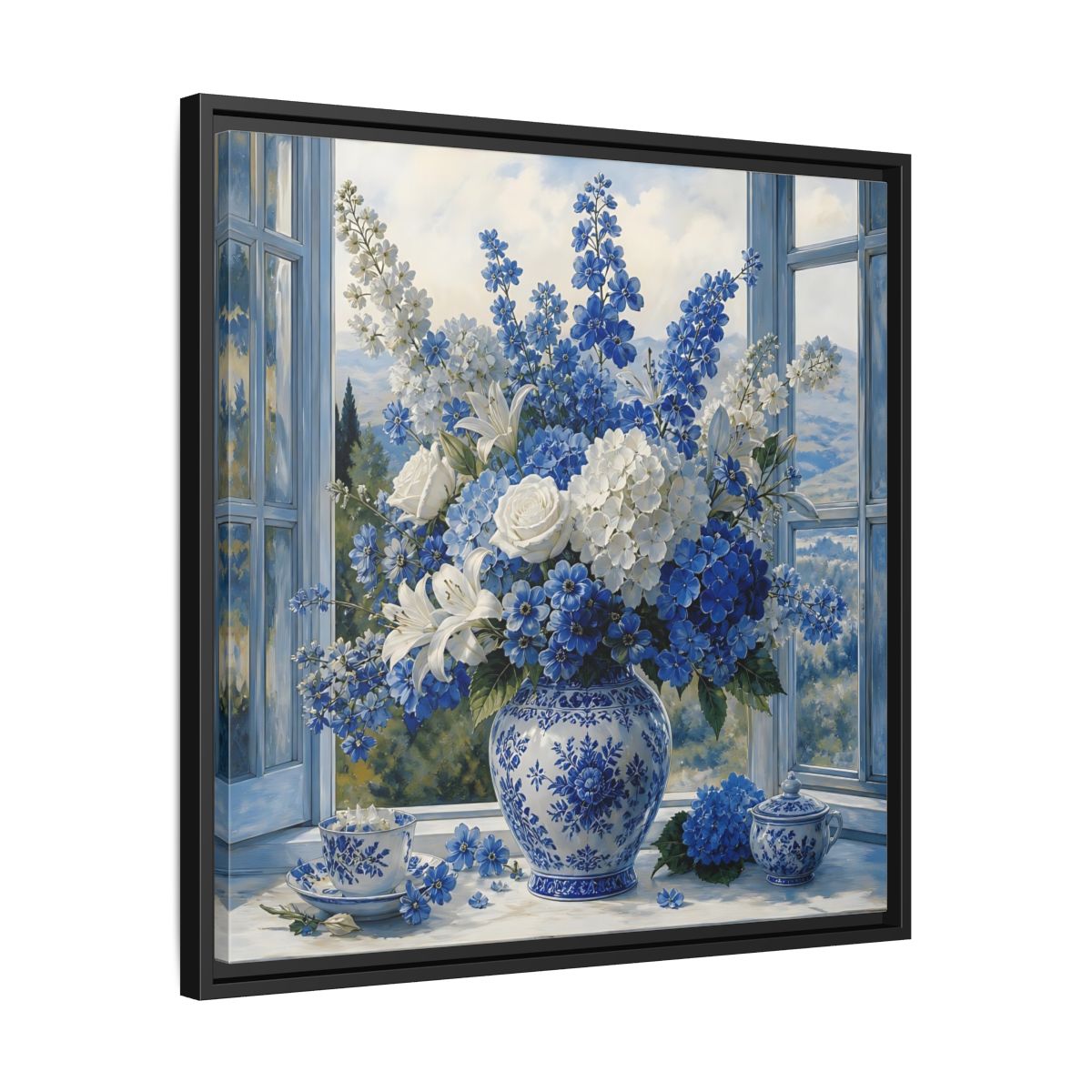Side Mockup 31. Classic European Painting Blue And White Garden Bouquet shown as stretched canvas wall art