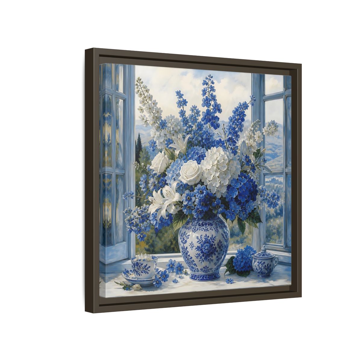 Side Mockup 14. Classic European Painting Blue And White Garden Bouquet shown as stretched canvas wall art