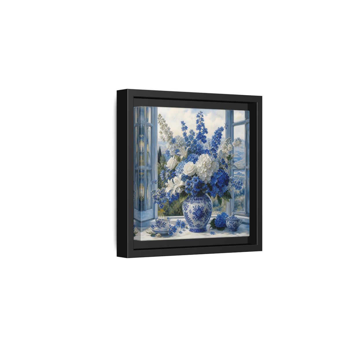 Side Mockup 3. Classic European Painting Blue And White Garden Bouquet shown as stretched canvas wall art