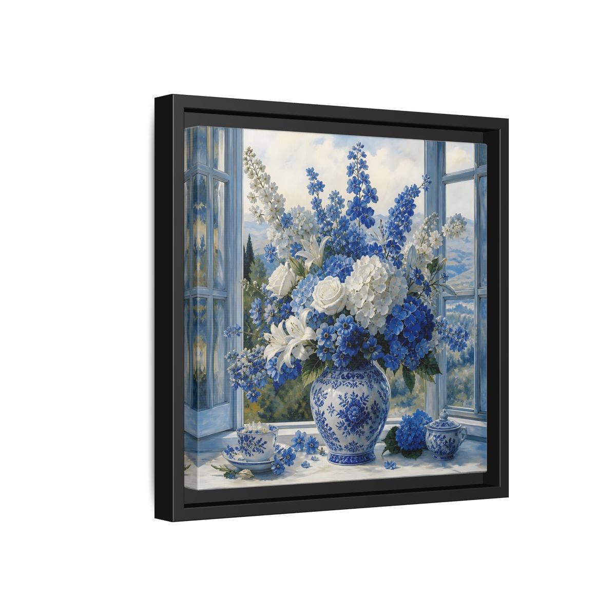 Side Mockup 18. Classic European Painting Blue And White Garden Bouquet shown as stretched canvas wall art