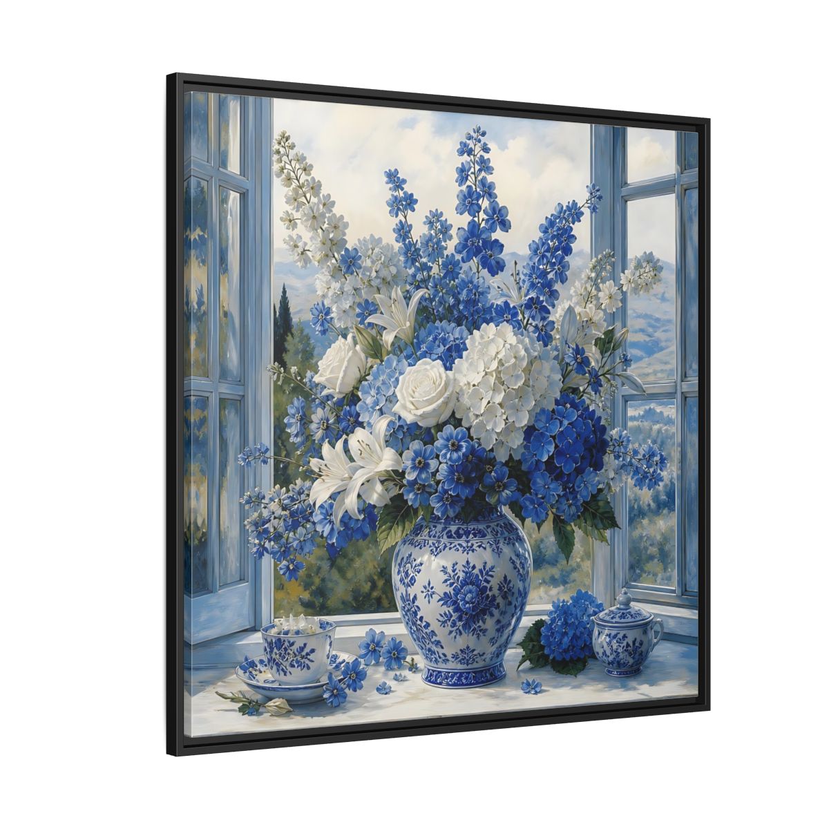 Side Mockup 6. Classic European Painting Blue And White Garden Bouquet shown as stretched canvas wall art