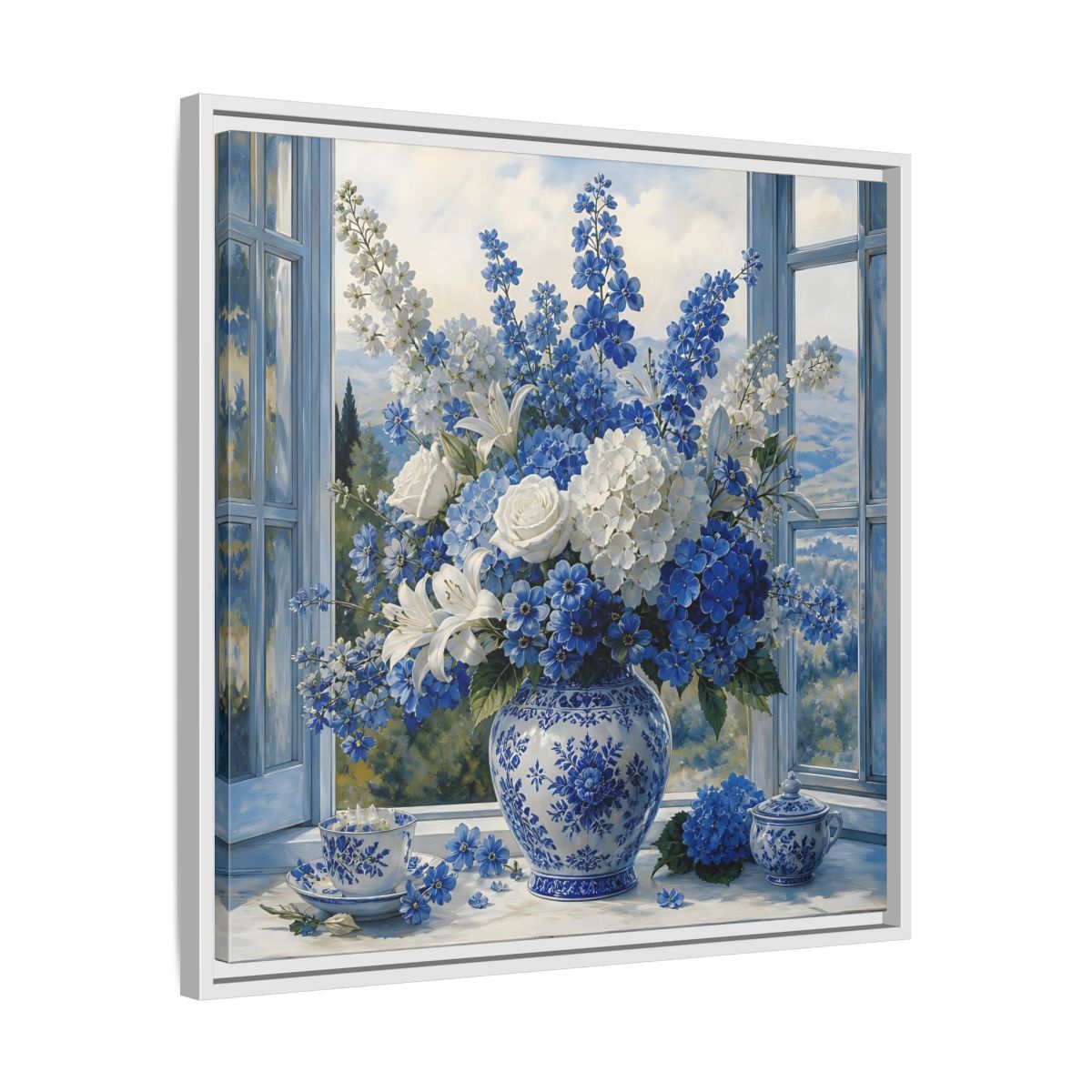 Side Mockup 26. Classic European Painting Blue And White Garden Bouquet shown as stretched canvas wall art
