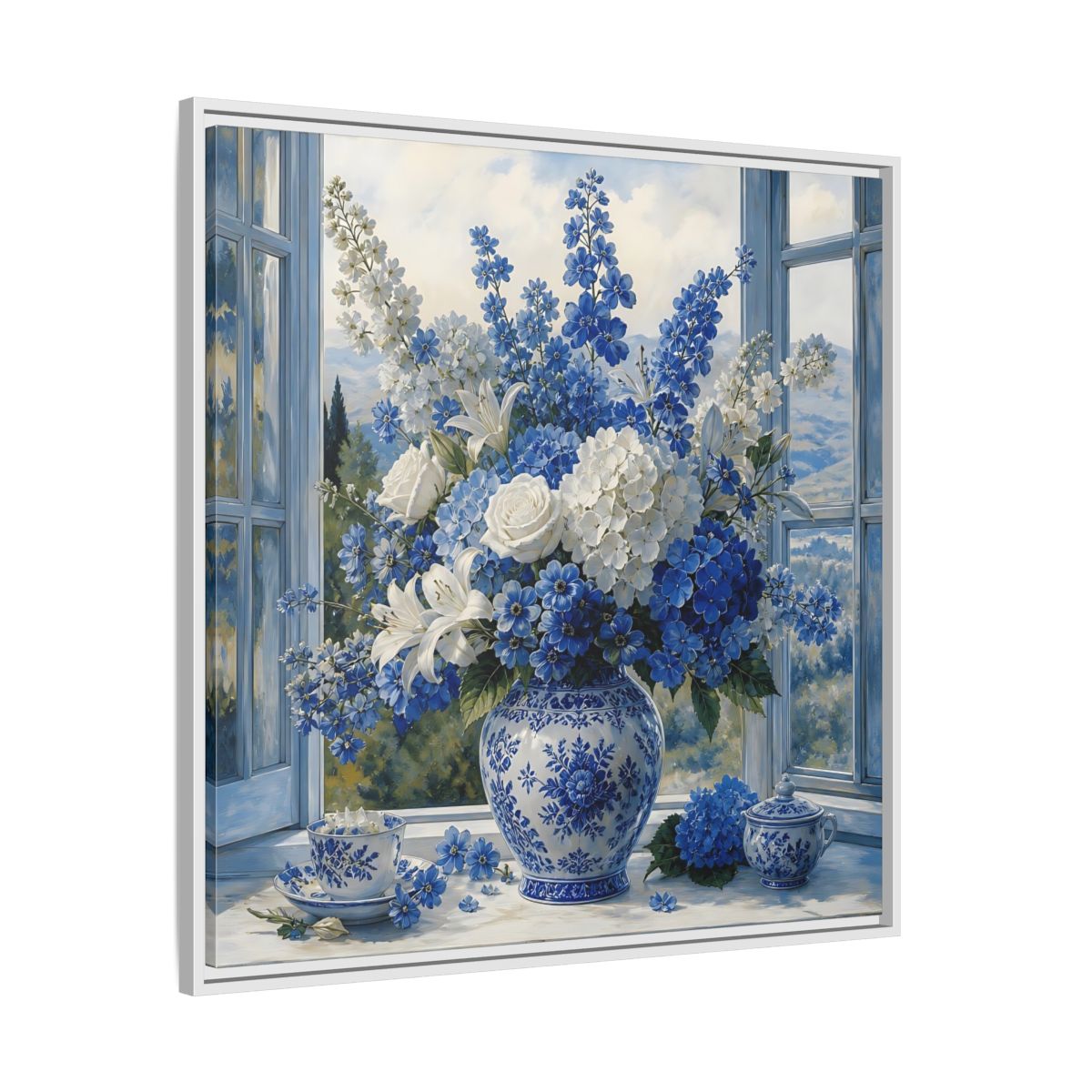 Side Mockup 25. Classic European Painting Blue And White Garden Bouquet shown as stretched canvas wall art