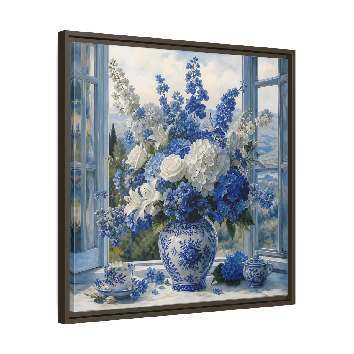 Side Mockup 27. Classic European Painting Blue And White Garden Bouquet shown as stretched canvas wall art