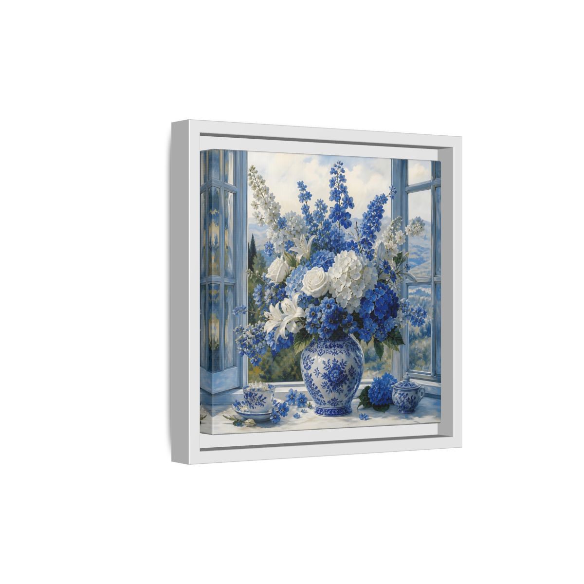 Side Mockup 19. Classic European Painting Blue And White Garden Bouquet shown as stretched canvas wall art