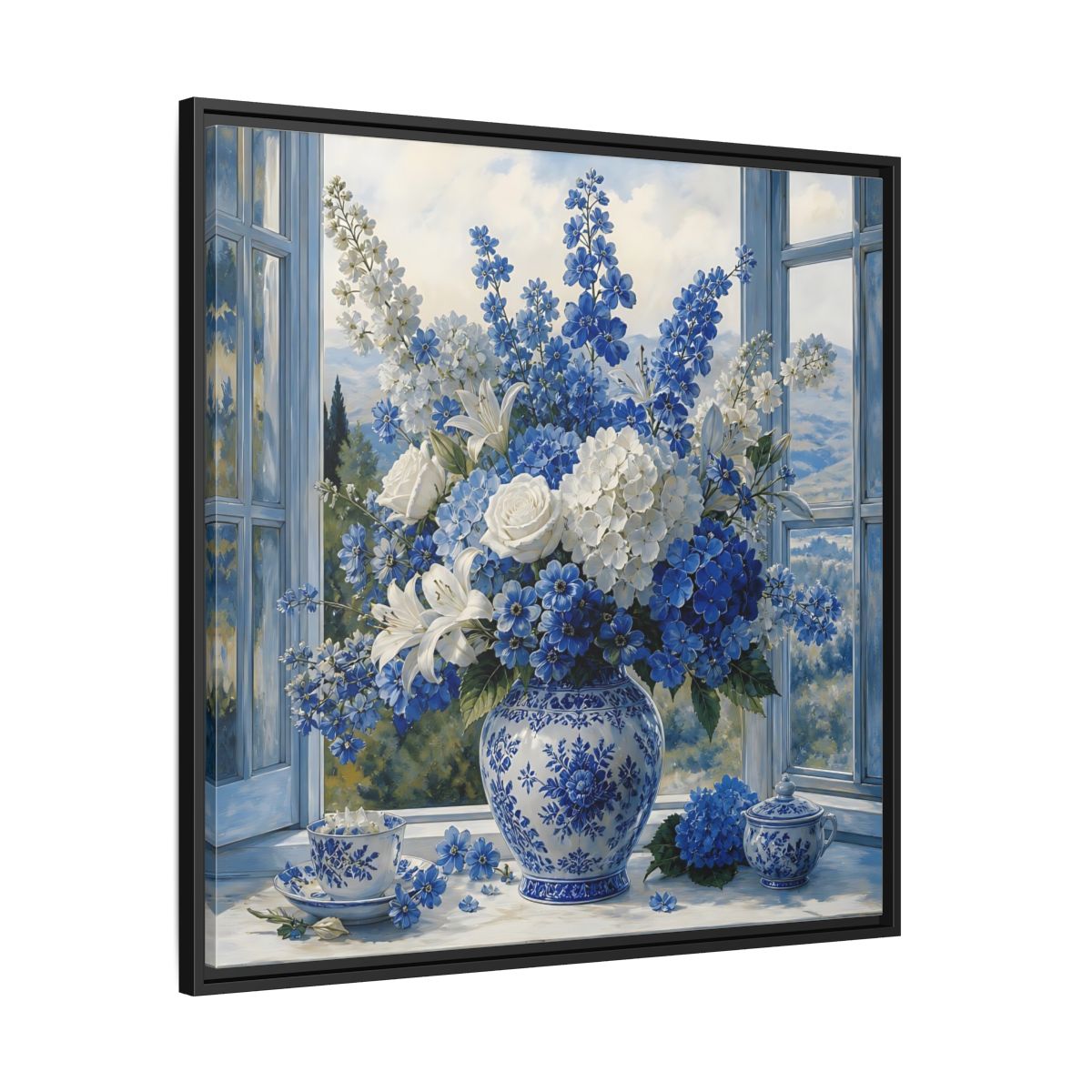 Side Mockup 30. Classic European Painting Blue And White Garden Bouquet shown as stretched canvas wall art