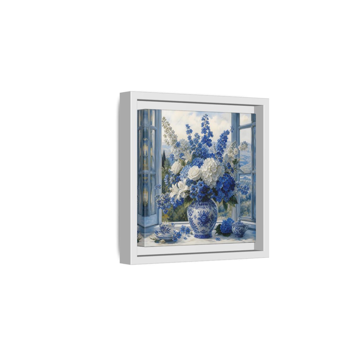 Side Mockup 1. Classic European Painting Blue And White Garden Bouquet shown as stretched canvas wall art