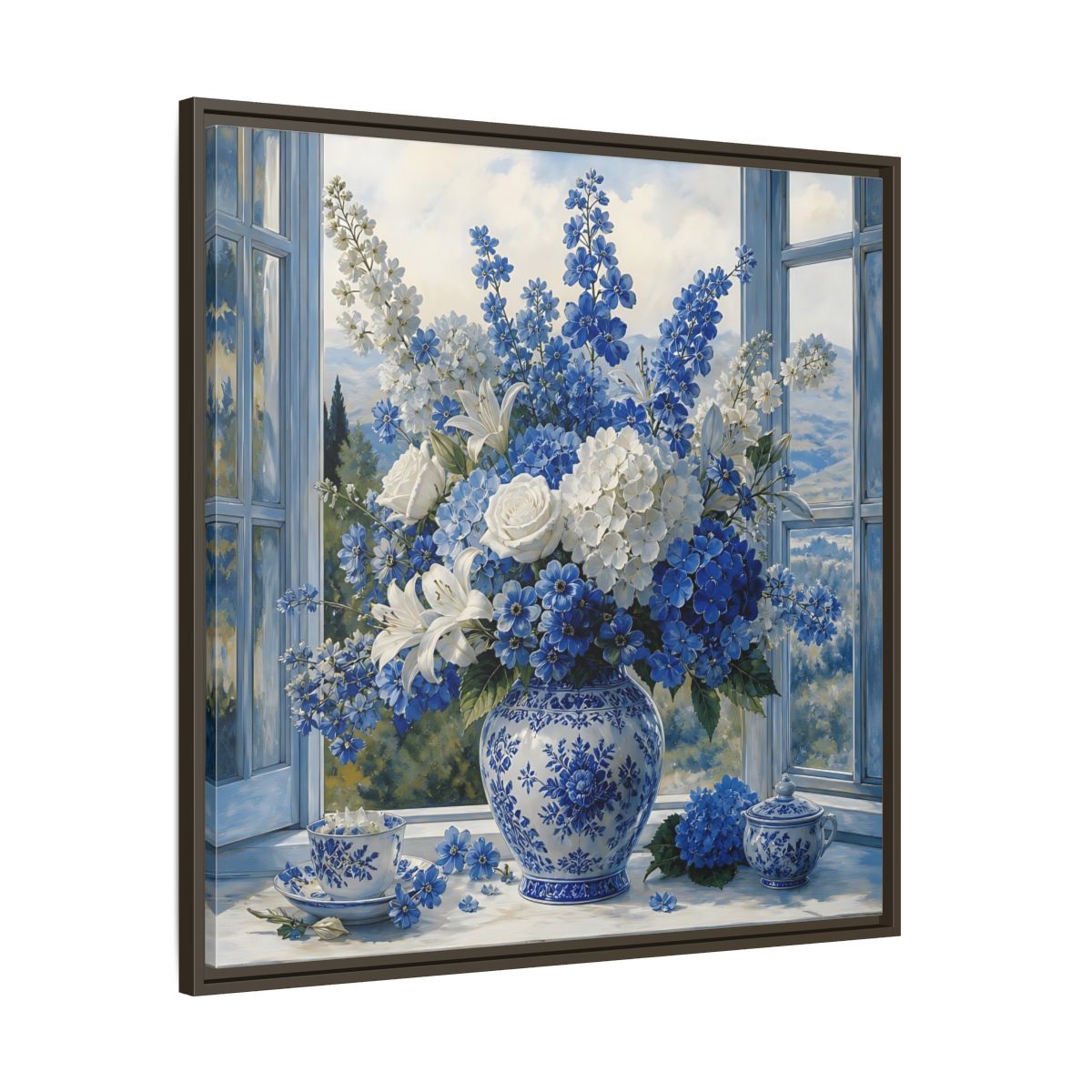 Main Mockup. Classic European Painting Blue And White Garden Bouquet shown as stretched canvas wall art