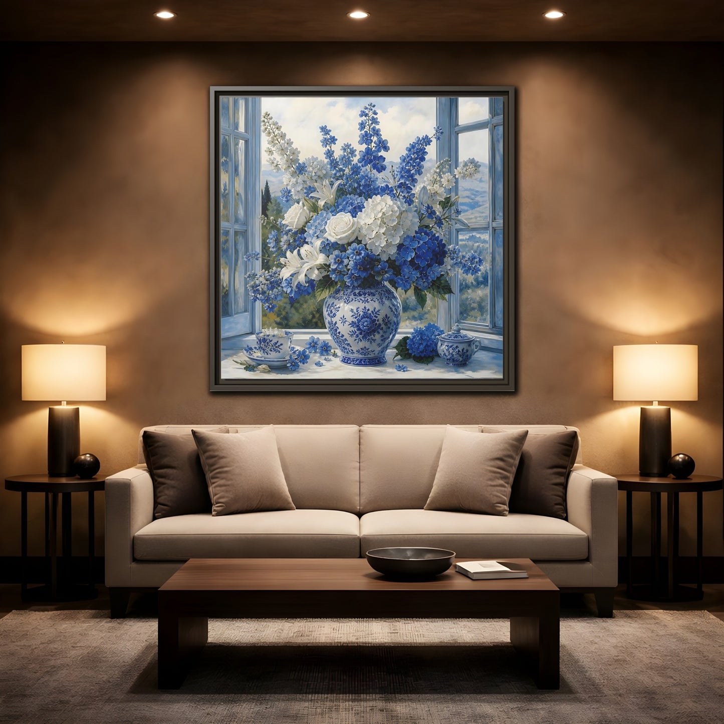 Mockup 2. Classic European Painting Blue And White Garden Bouquet shown as stretched canvas wall art