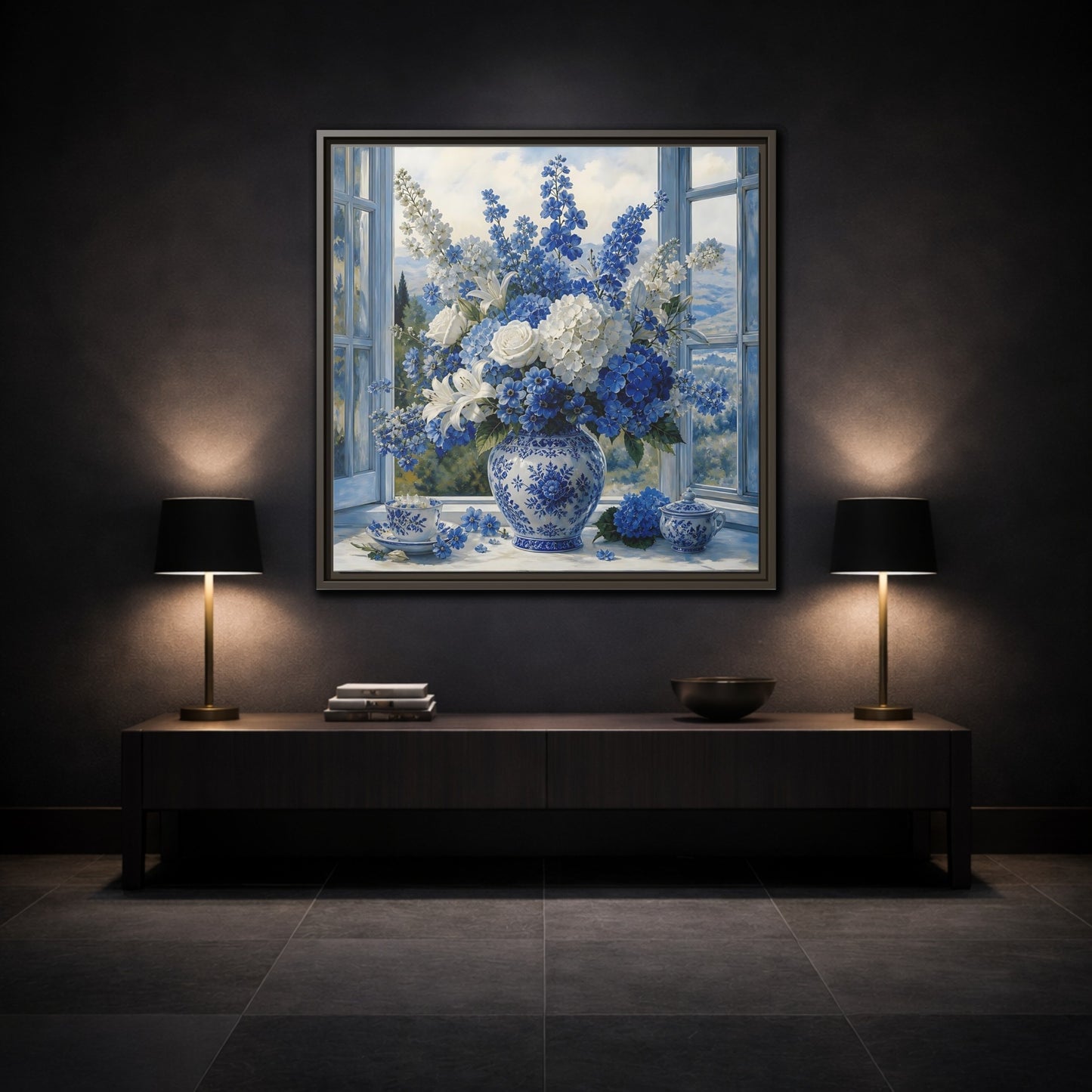 Mockup 3. Classic European Painting Blue And White Garden Bouquet shown as stretched canvas wall art