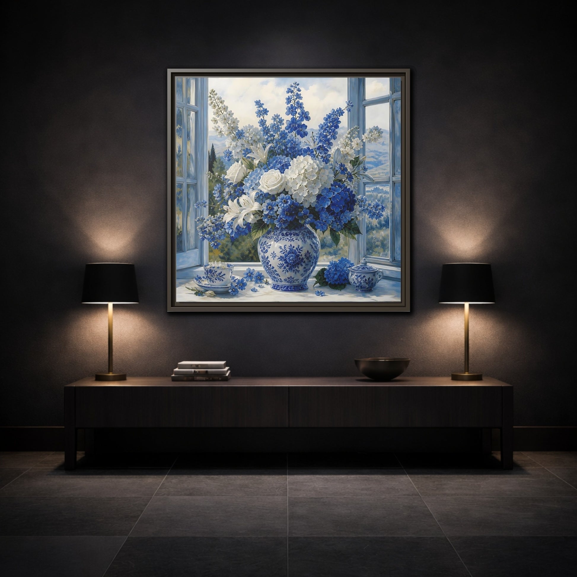 Mockup 3. Classic European Painting Blue And White Garden Bouquet shown as stretched canvas wall art