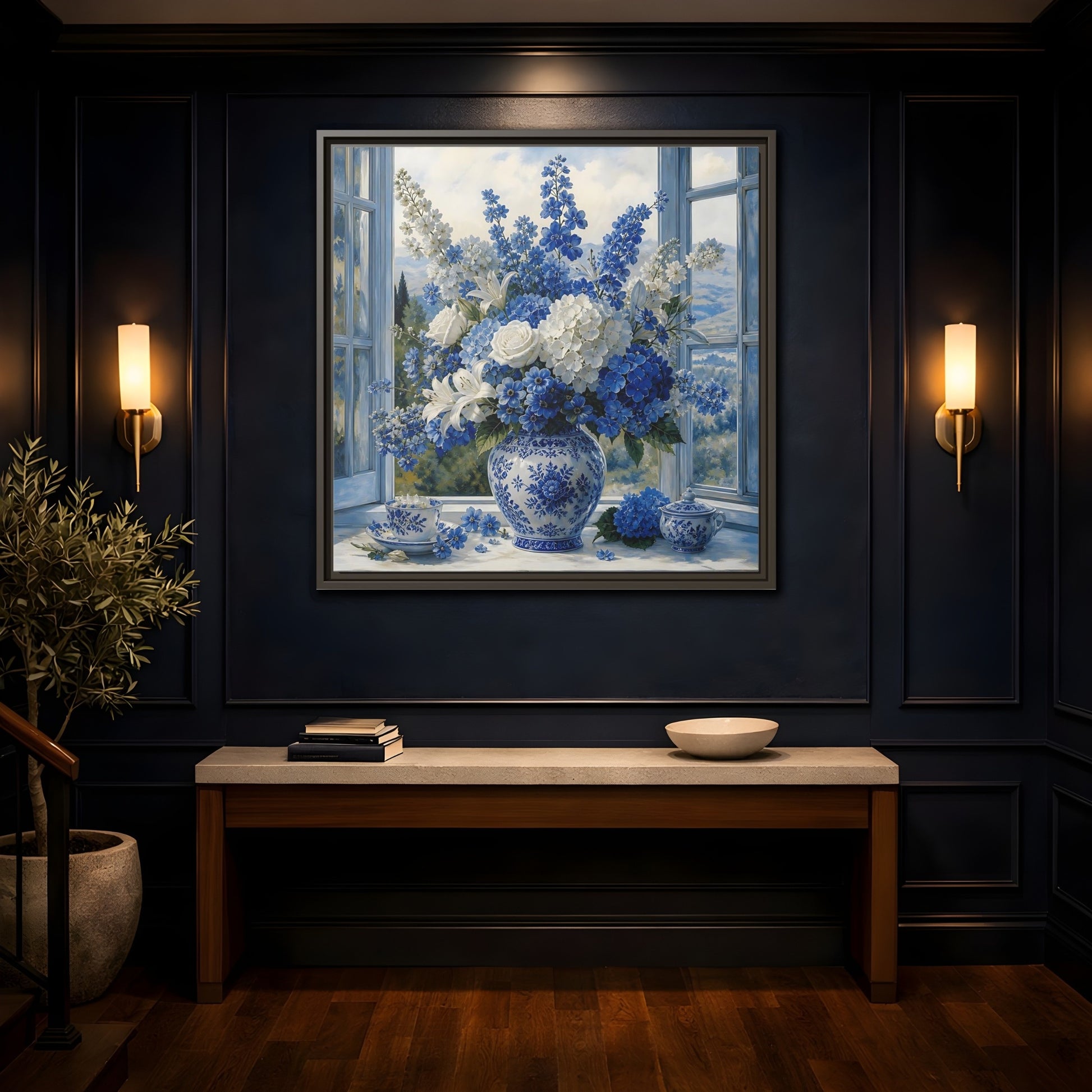 Mockup 4. Classic European Painting Blue And White Garden Bouquet shown as stretched canvas wall art