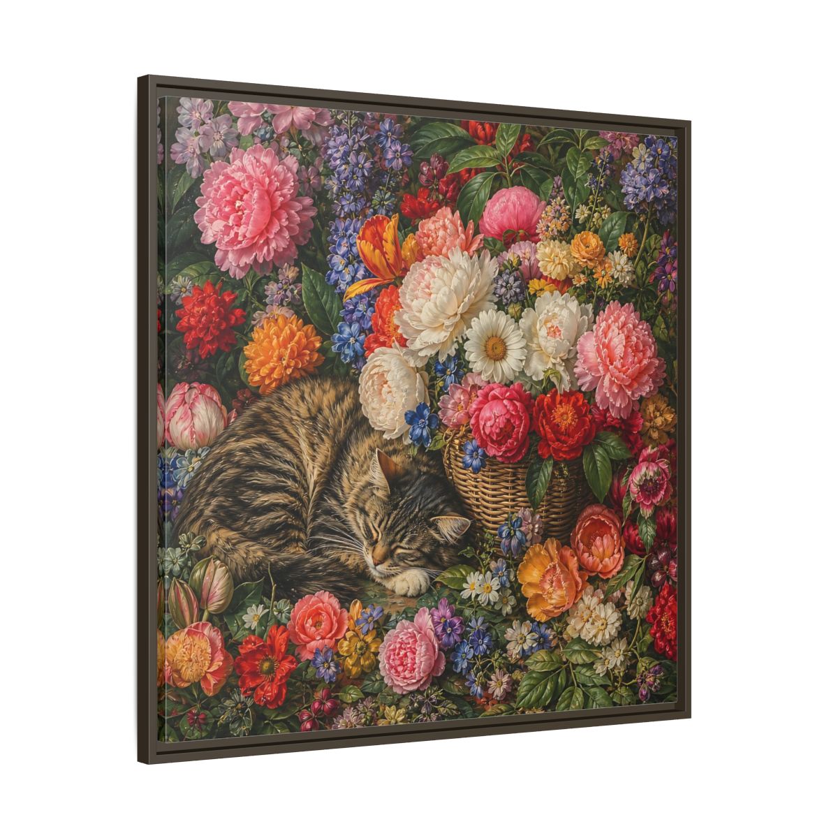 Main Mockup. Classic European Painting Cat Sleeping Near Flower Basket shown as stretched canvas wall art