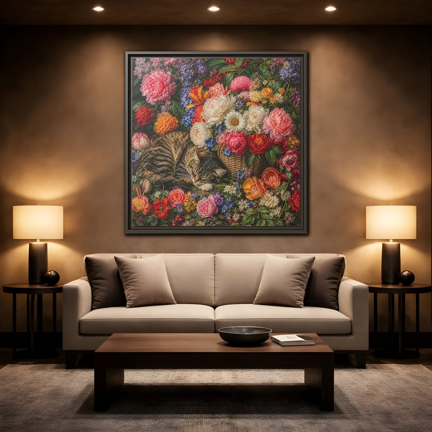 Mockup 2. Classic European Painting Cat Sleeping Near Flower Basket shown as stretched canvas wall art