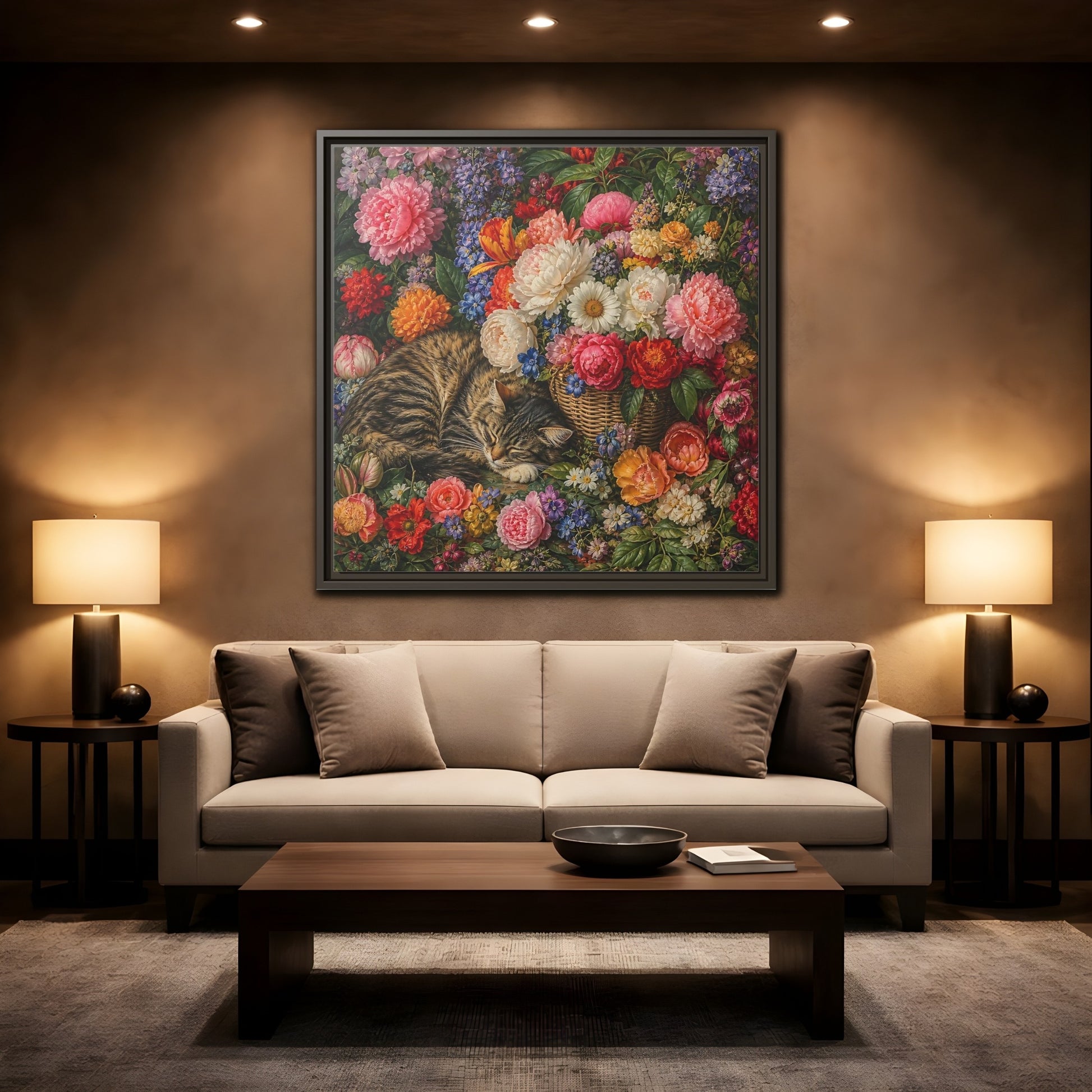Mockup 2. Classic European Painting Cat Sleeping Near Flower Basket shown as stretched canvas wall art