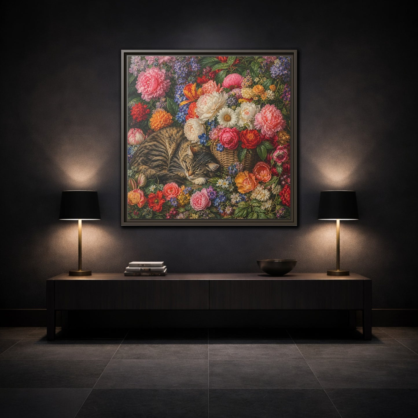 Mockup 3. Classic European Painting Cat Sleeping Near Flower Basket shown as stretched canvas wall art