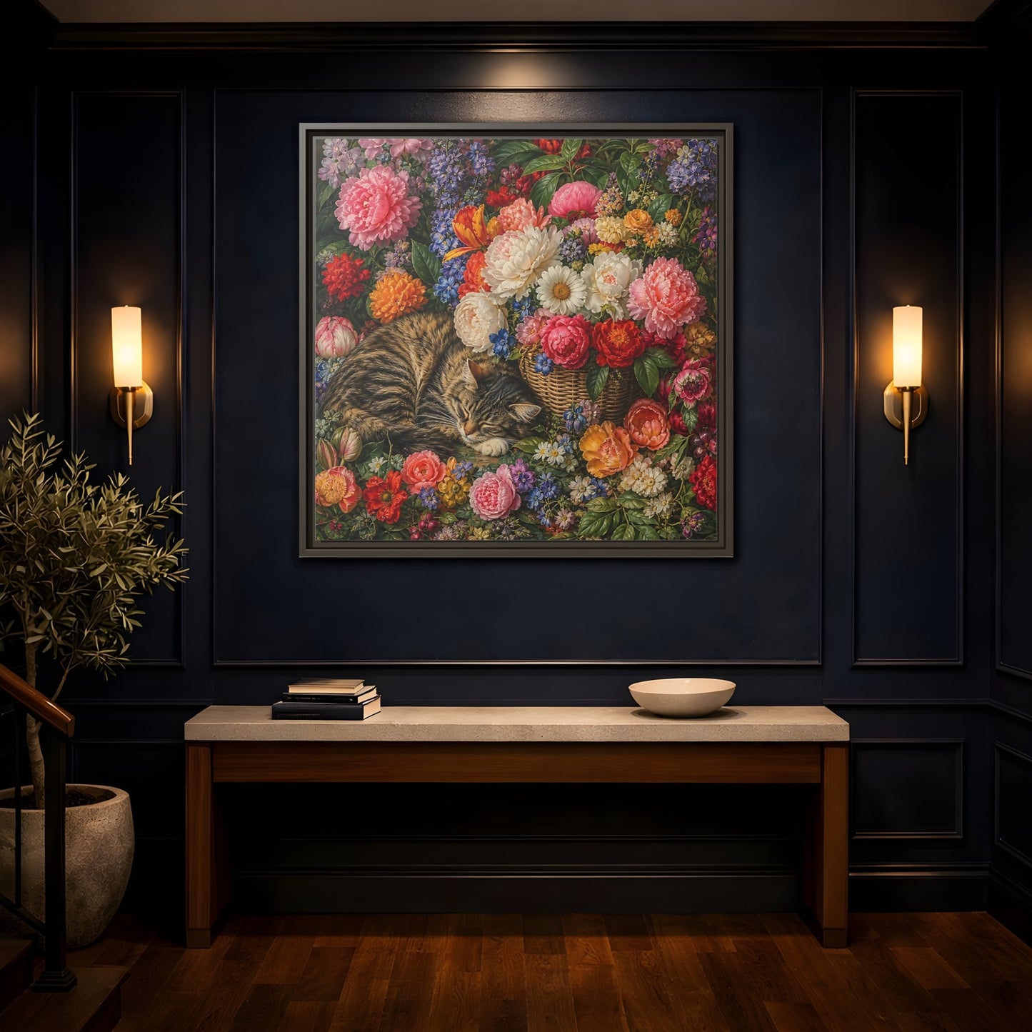 Mockup 4. Classic European Painting Cat Sleeping Near Flower Basket shown as stretched canvas wall art