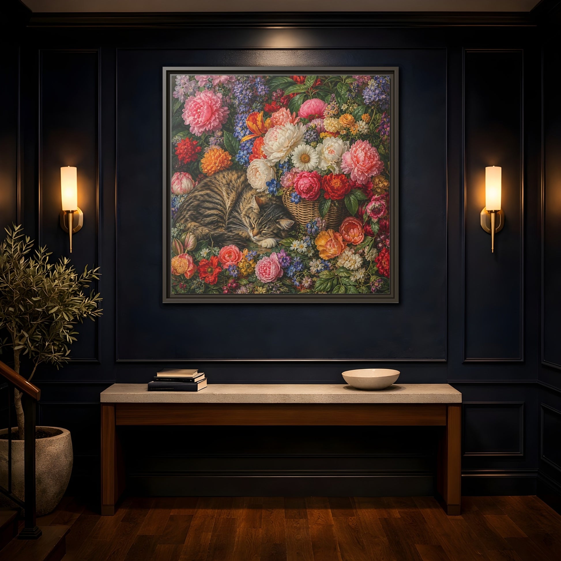 Mockup 4. Classic European Painting Cat Sleeping Near Flower Basket shown as stretched canvas wall art