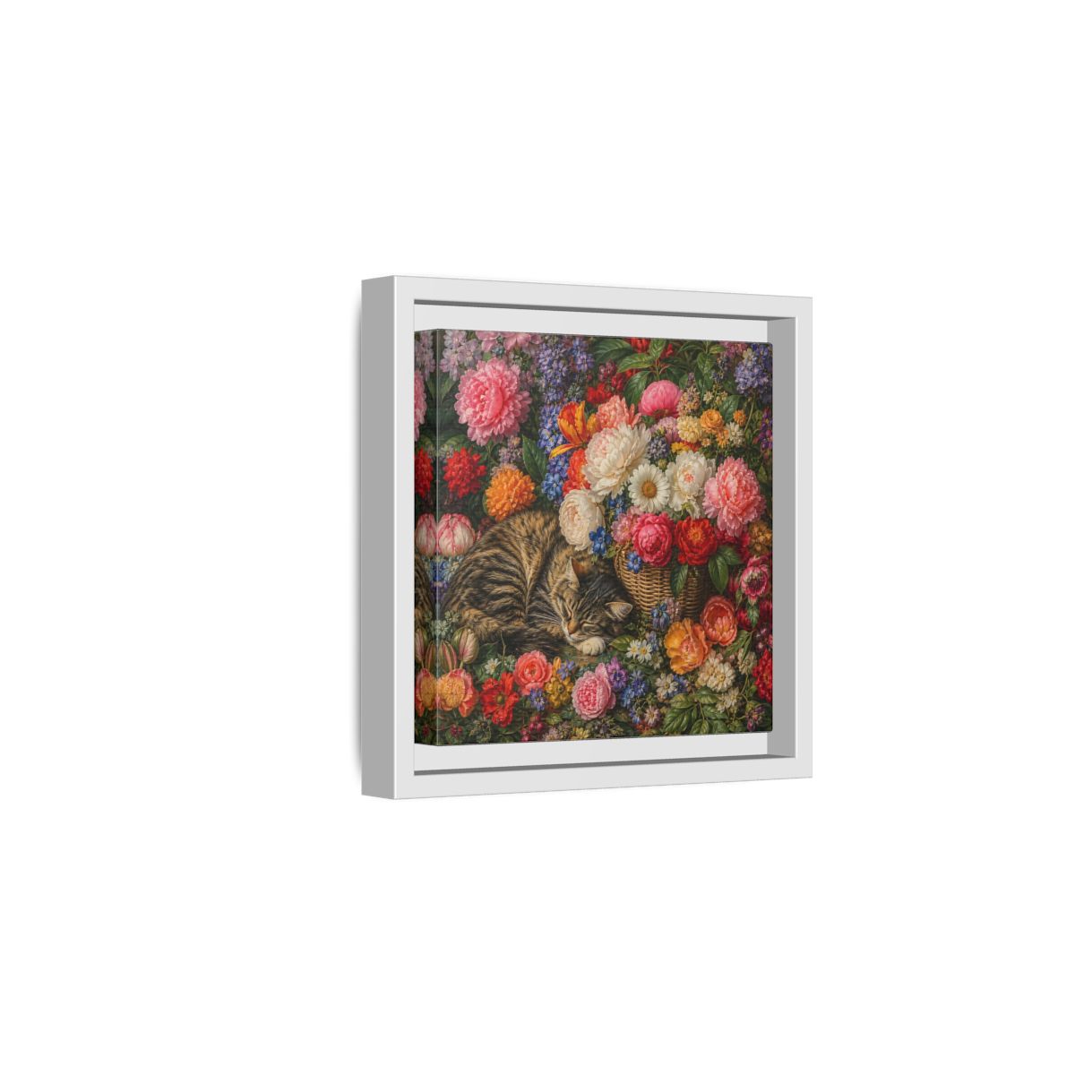 Side Mockup 1. Classic European Painting Cat Sleeping Near Flower Basket shown as stretched canvas wall art