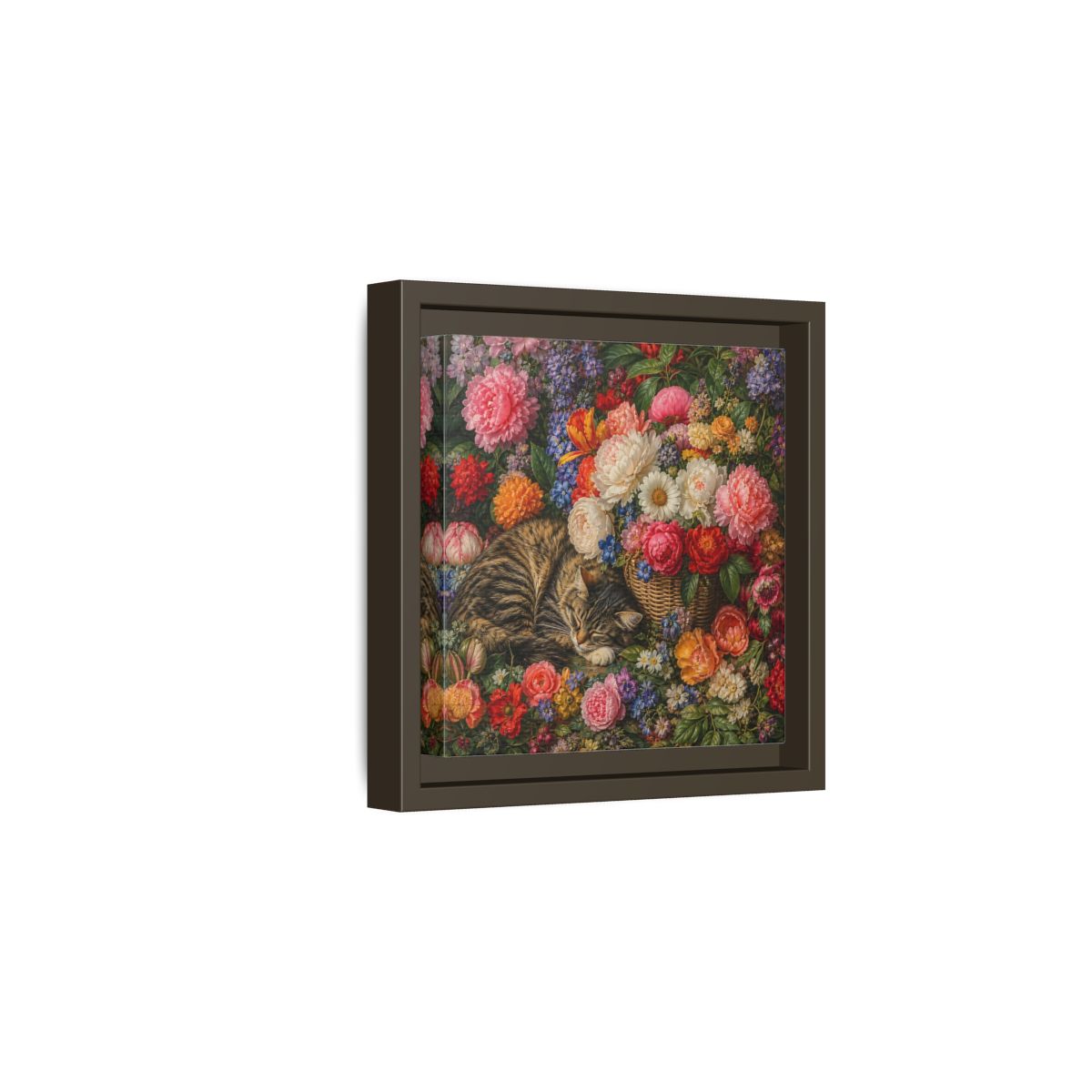 Side Mockup 2. Classic European Painting Cat Sleeping Near Flower Basket shown as stretched canvas wall art