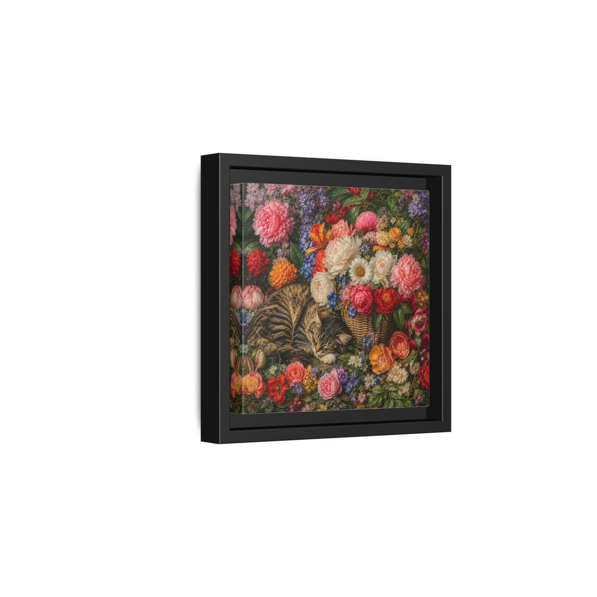 Side Mockup 3. Classic European Painting Cat Sleeping Near Flower Basket shown as stretched canvas wall art