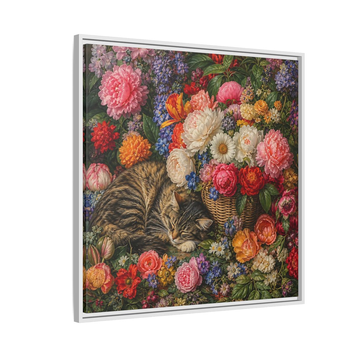 Side Mockup 7. Classic European Painting Cat Sleeping Near Flower Basket shown as stretched canvas wall art